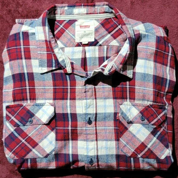 EUC Levi's Men's Red White Plaid Cotton Flannel Button Down Shirt XXL 2XL - Picture 3 of 6